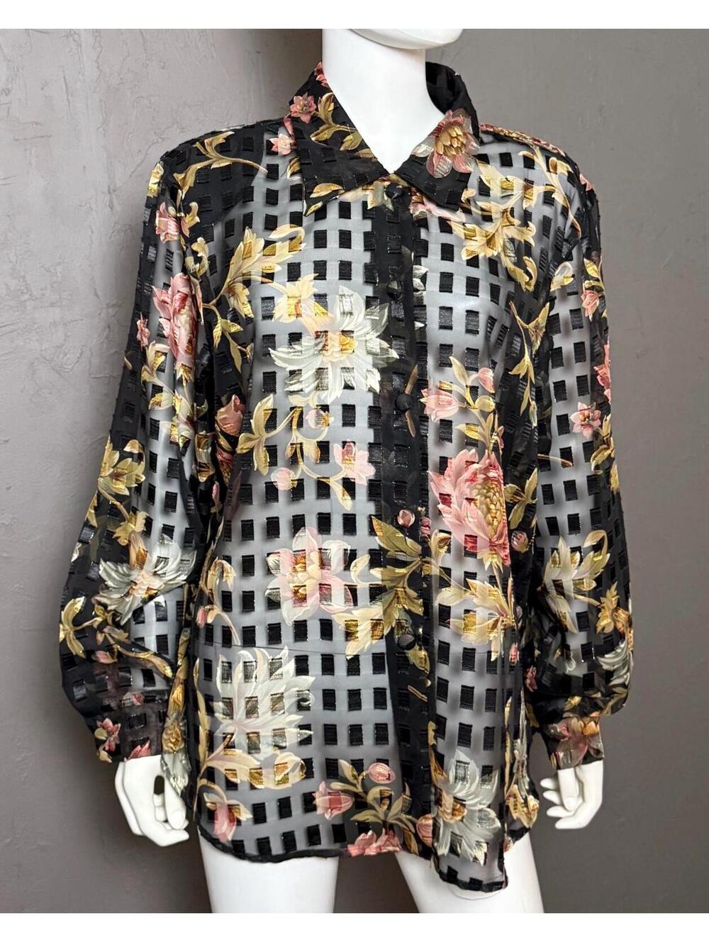 1980s Sheer Burnout Blouse by Expose Black x Earthy Floral size XL - Picture 2 of 10